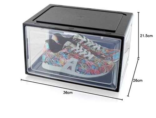 BITUXX LEX21 6er Set Schuhboxen – Stapelbare schwarze Aufbewahrungsboxen aus Kunststoff, Schuhkartons bis Größe 47