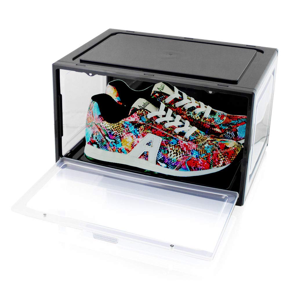 BITUXX LEX21 6er Set Schuhboxen – Stapelbare schwarze Aufbewahrungsboxen aus Kunststoff, Schuhkartons bis Größe 47