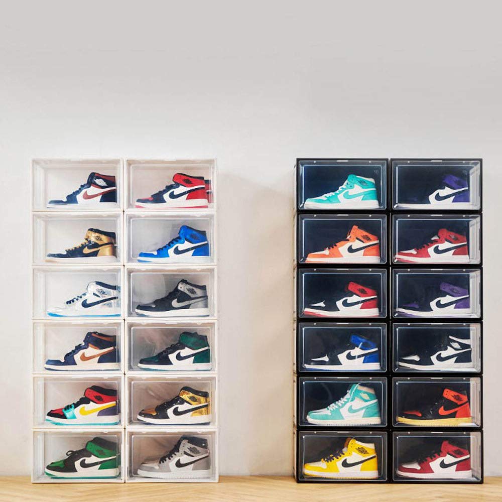 BITUXX LEX21 6er Set Schuhboxen – Stapelbare schwarze Aufbewahrungsboxen aus Kunststoff, Schuhkartons bis Größe 47