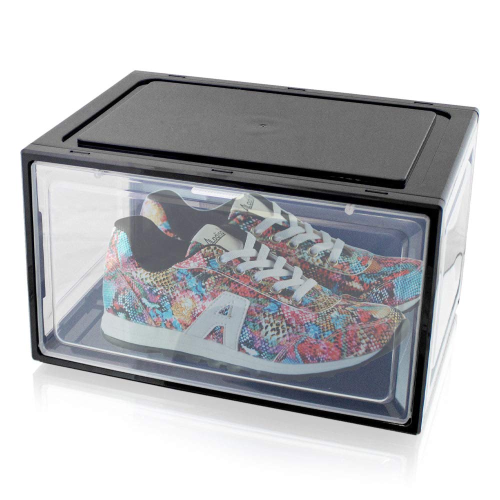 BITUXX LEX21 6er Set Schuhboxen – Stapelbare schwarze Aufbewahrungsboxen aus Kunststoff, Schuhkartons bis Größe 47