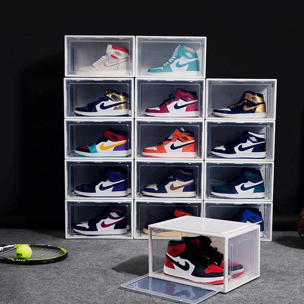 BITUXX LEX21 6er Set Schuhboxen – Stapelbare schwarze Aufbewahrungsboxen aus Kunststoff, Schuhkartons bis Größe 47