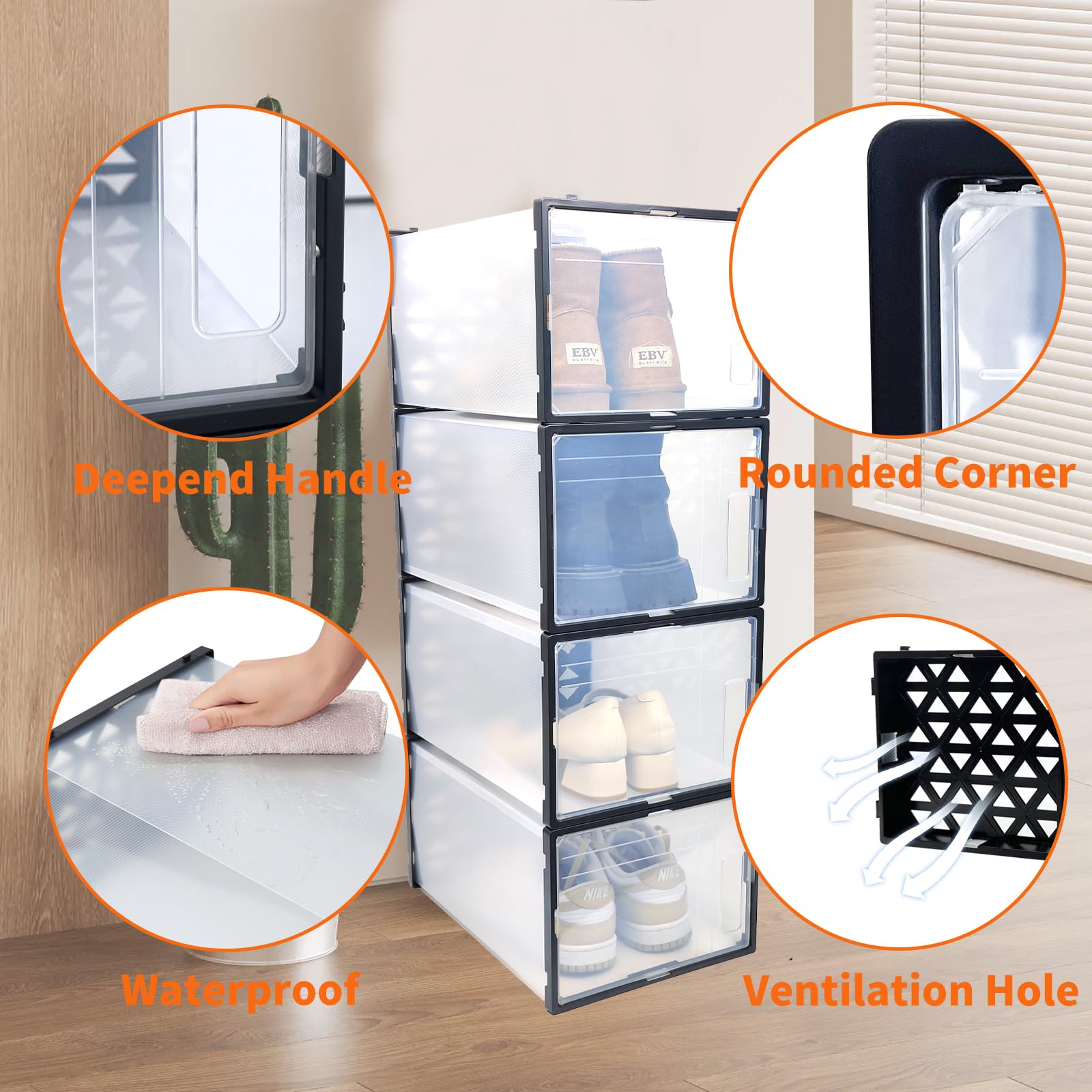 Afeeler 12er Set Schuhboxen – Stapelbare transparente Schuh-Organizer aus Kunststoff mit Tür, für Pumps, Stiefeletten & High Tops, 36x25x19,5cm