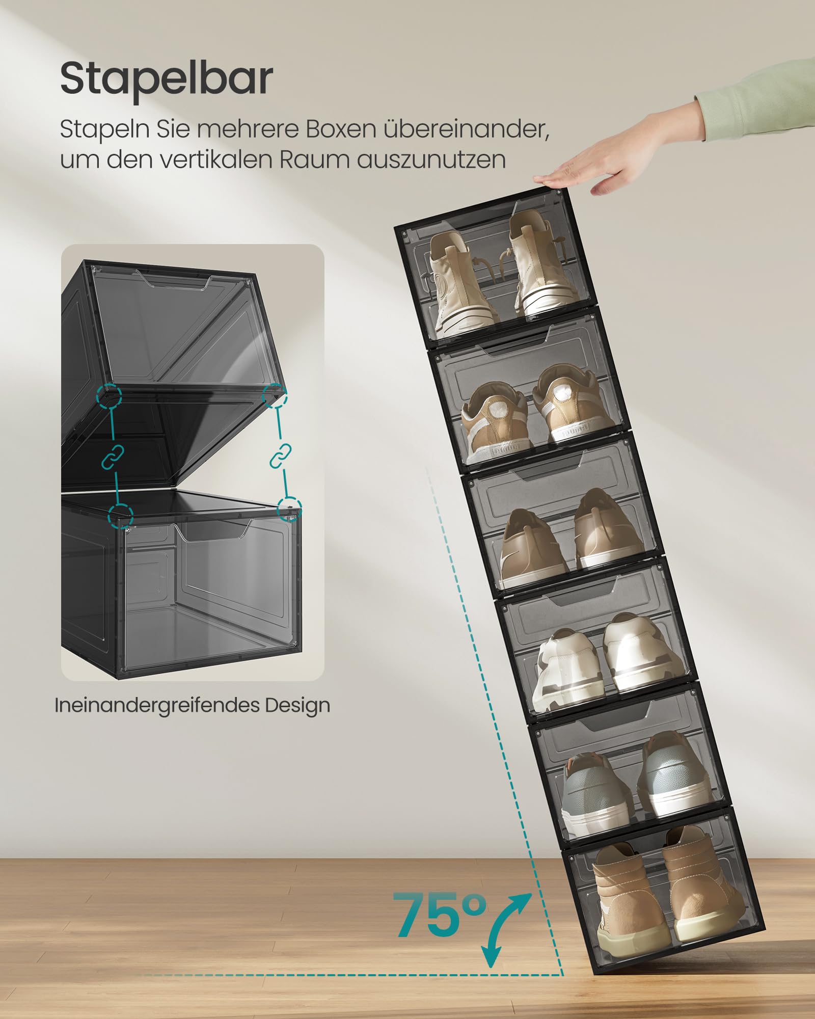 SONGMICS 12er Set Schuhboxen – Stapelbare transparente Schuh-Organizer mit Tür, einfache Montage, 34x25x18,4cm, für Größe 44, Schwarz