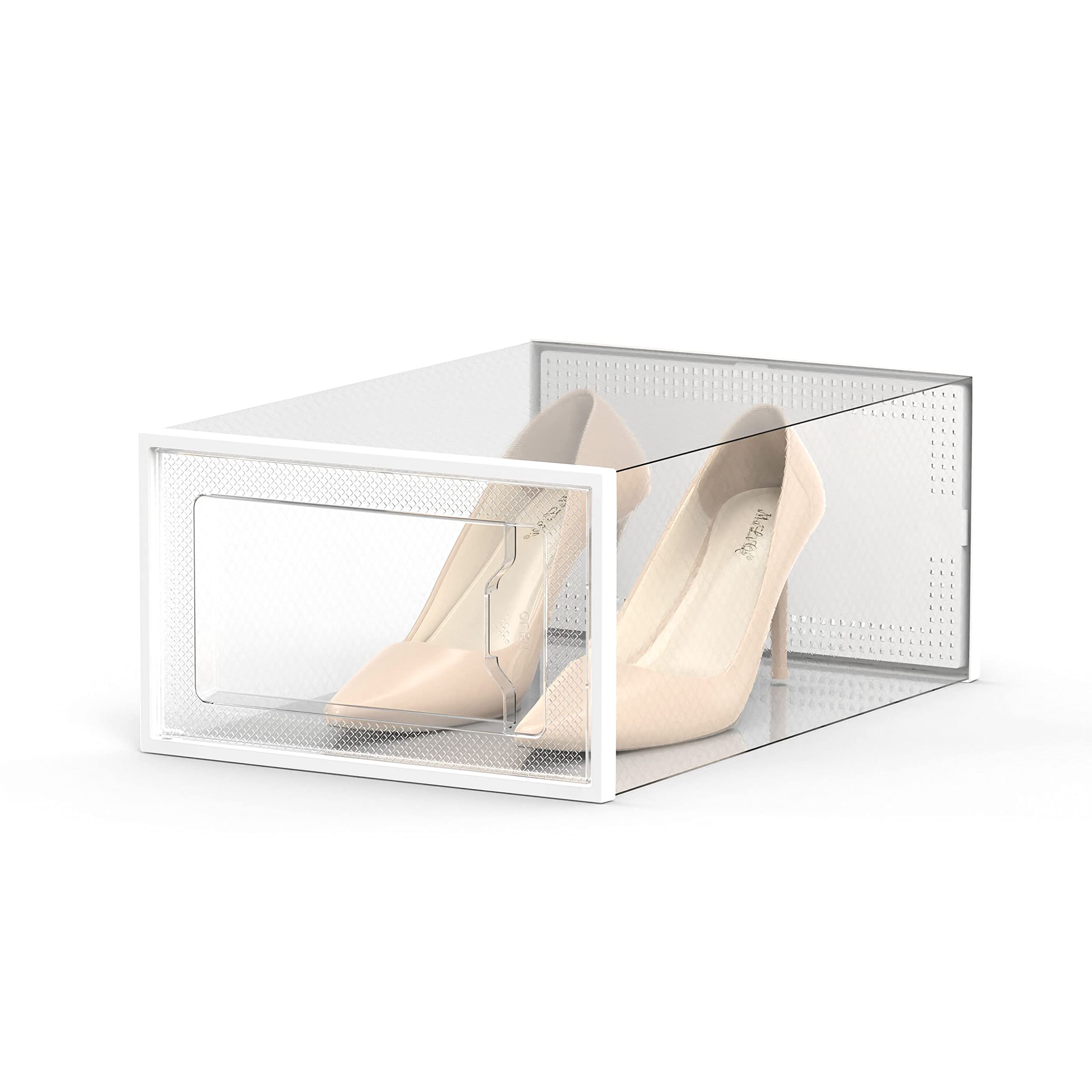SEE SPRING 12er Set Schuhboxen – Faltbare transparente Organizer aus Kunststoff, stapelbar, für Schuhe bis Größe 44, Weiß