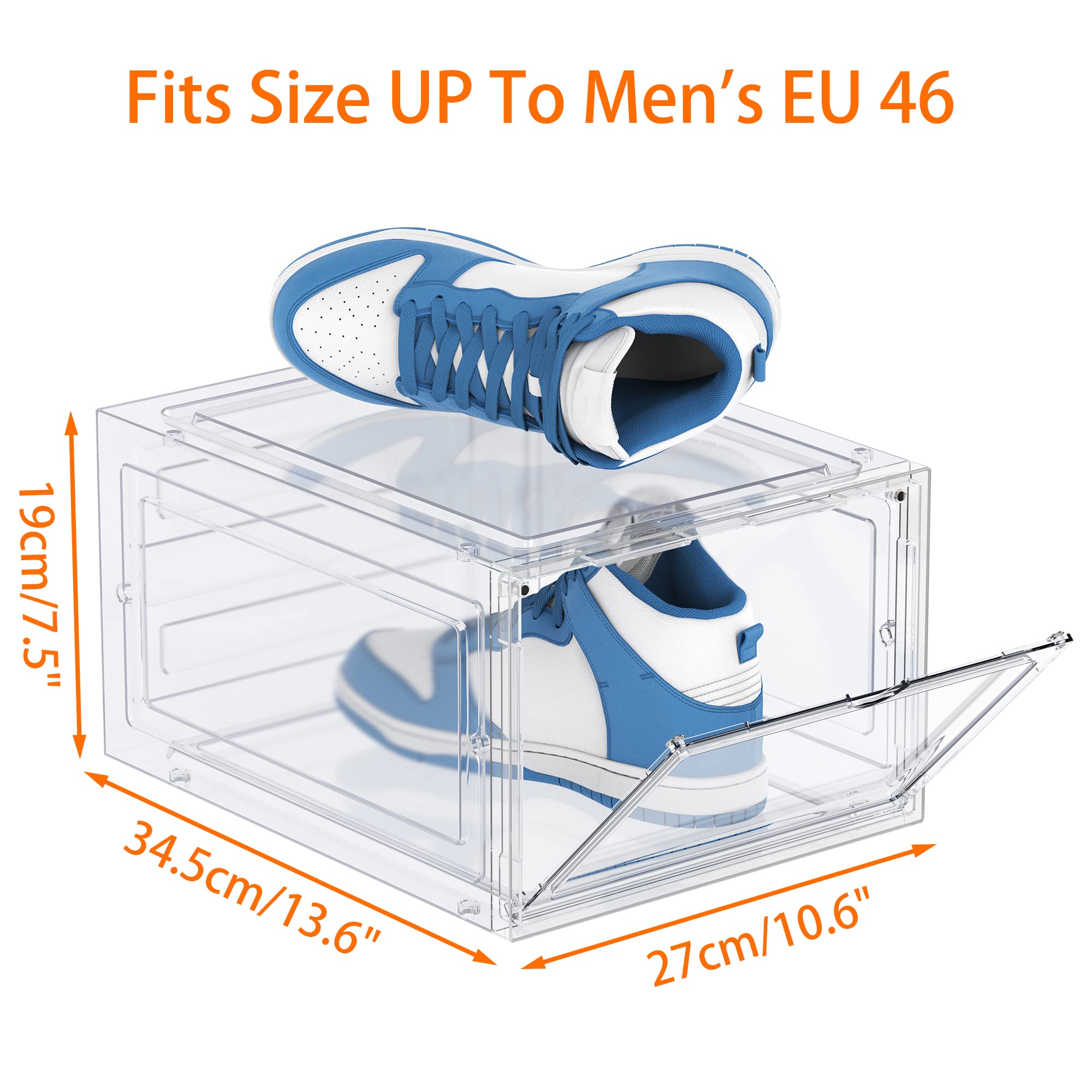 HOMIDEC 6er Set Schuhboxen – Stapelbare transparente Hartplastik Schuhkartons mit Deckel, für Pumps, Stiefeletten & High Tops, bis Größe 46