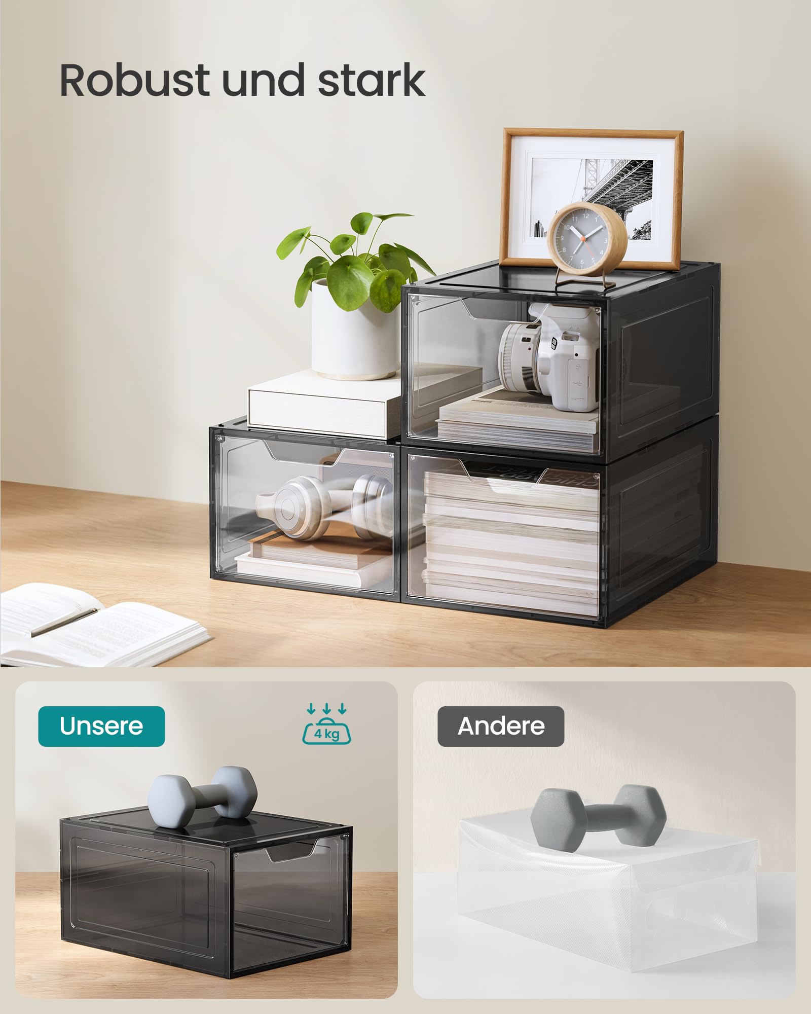 SONGMICS 12er Set Schuhboxen – Stapelbare transparente Schuh-Organizer mit Tür, einfache Montage, 34x25x18,4cm, für Größe 44, Schwarz