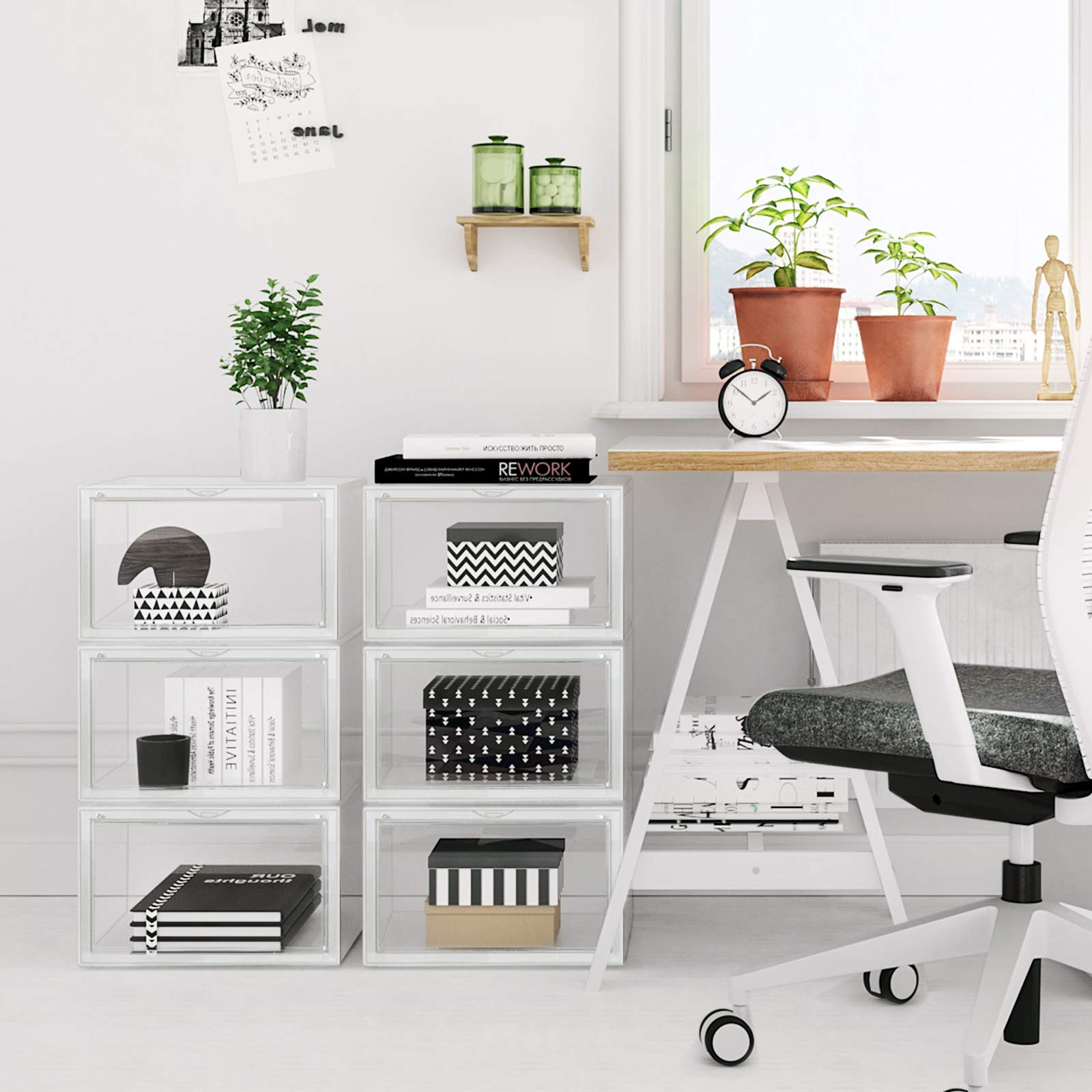 SONGMICS 6er Set Schuhboxen – Stapelbare transparente Schuh-Organizer aus Kunststoff mit Tür, für Schuhe bis Größe 46, 28x36x22cm