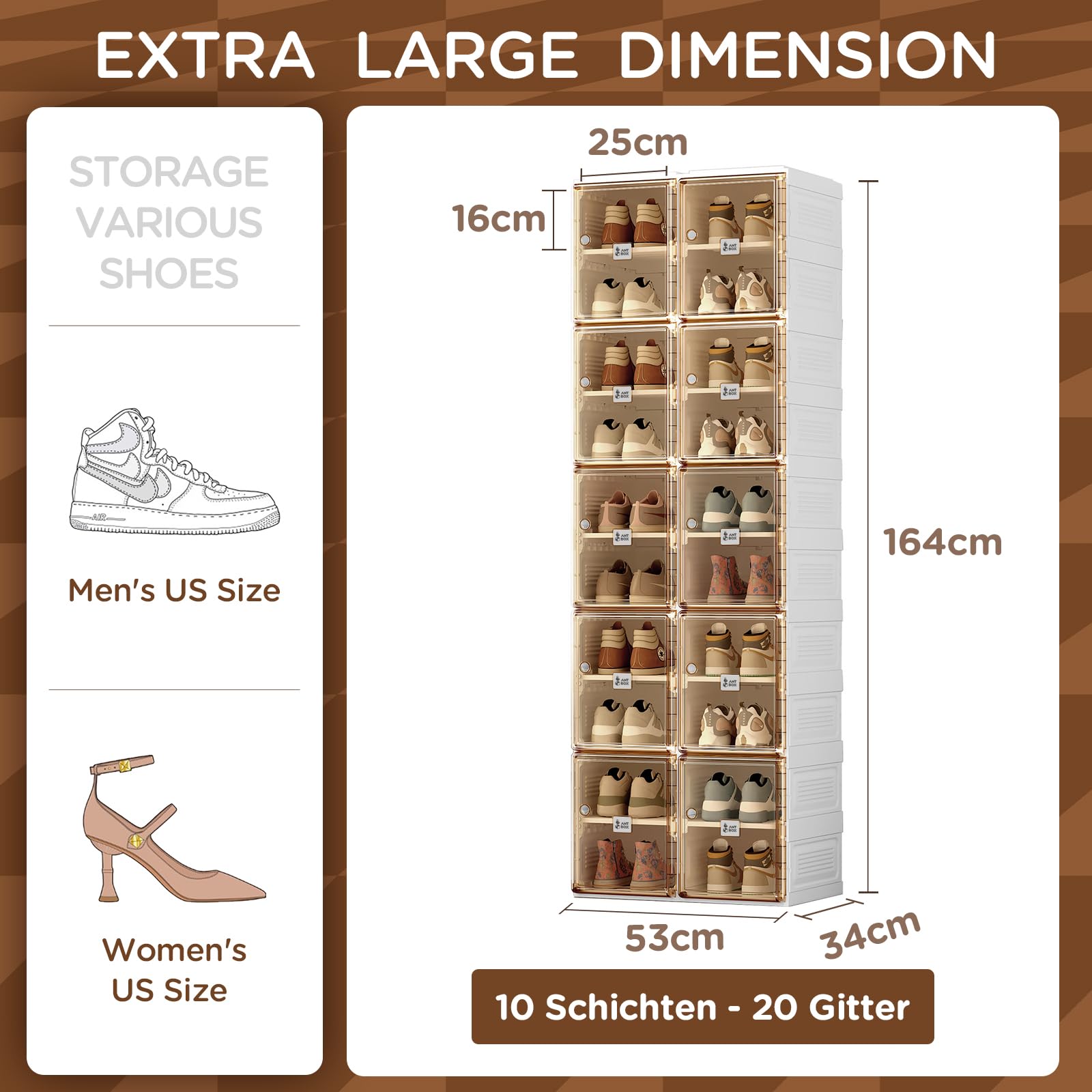 MAYIBOX Transparente schuhregal,schuhboxen stapelbar Braun, mit magnetischer Tür, für Stöckelschuhe, Stiefeletten, Pumps