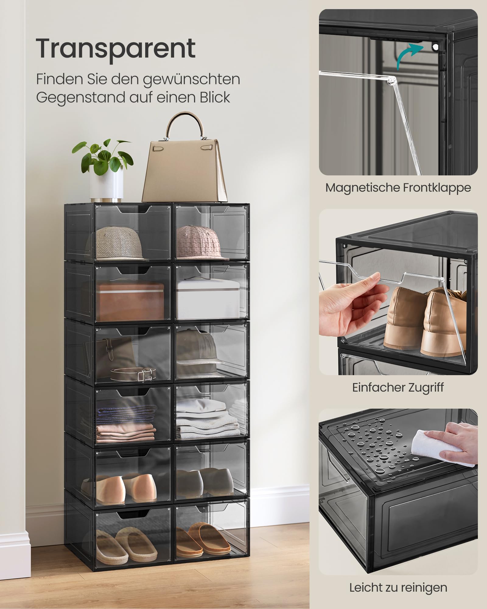 SONGMICS 12er Set Schuhboxen – Stapelbare transparente Schuh-Organizer mit Tür, einfache Montage, 34x25x18,4cm, für Größe 44, Schwarz