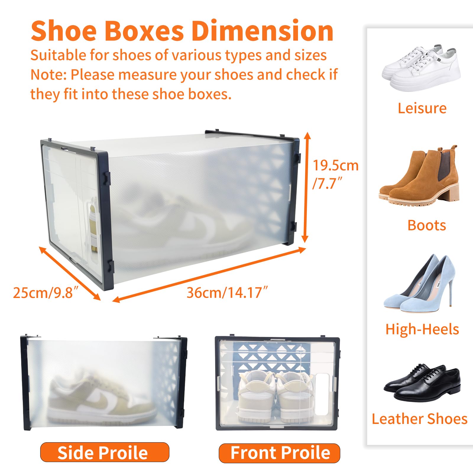 Afeeler 12er Set Schuhboxen – Stapelbare transparente Schuh-Organizer aus Kunststoff mit Tür, für Pumps, Stiefeletten & High Tops, 36x25x19,5cm