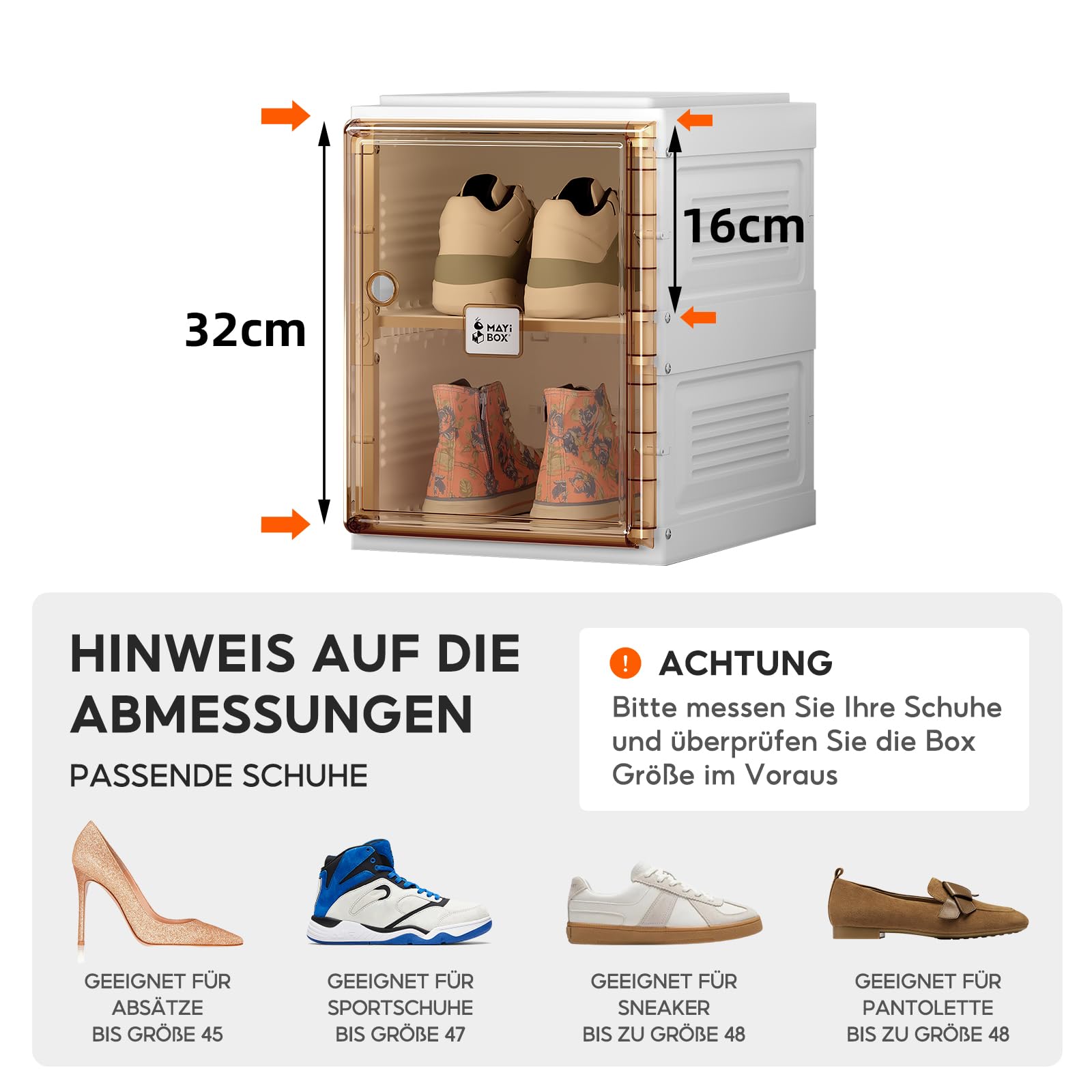 MAYIBOX Transparente schuhregal,schuhboxen stapelbar Braun, mit magnetischer Tür, für Stöckelschuhe, Stiefeletten, Pumps