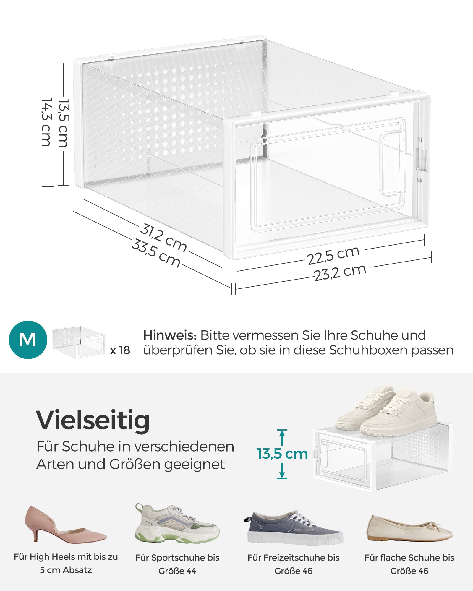 SONGMICS 18er Set Schuhboxen – Faltbare stapelbare transparente Schuh-Organizer aus Kunststoff, für Schuhe bis Größe 44, Weiß