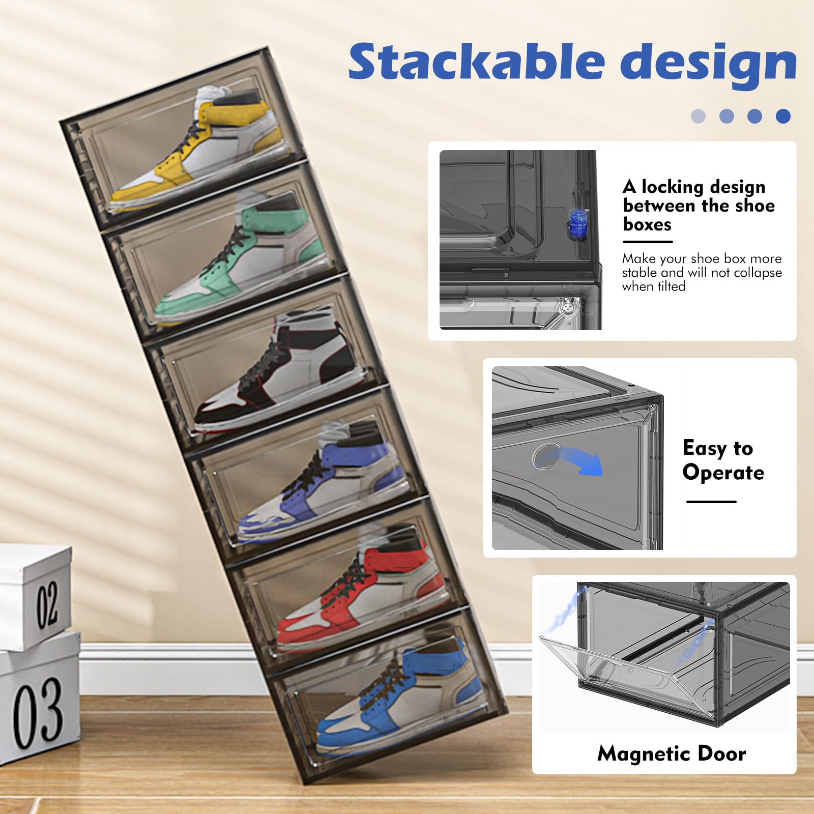 TidyTrove 6er Set Schuhboxen – Stapelbare faltbare transparente Organizer mit Magnettür, für Schuhe bis Größe 46, Schwarz
