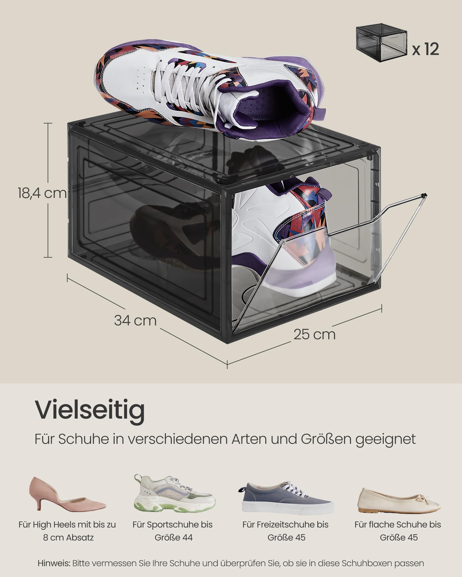 SONGMICS 12er Set Schuhboxen – Stapelbare transparente Schuh-Organizer mit Tür, einfache Montage, 34x25x18,4cm, für Größe 44, Schwarz