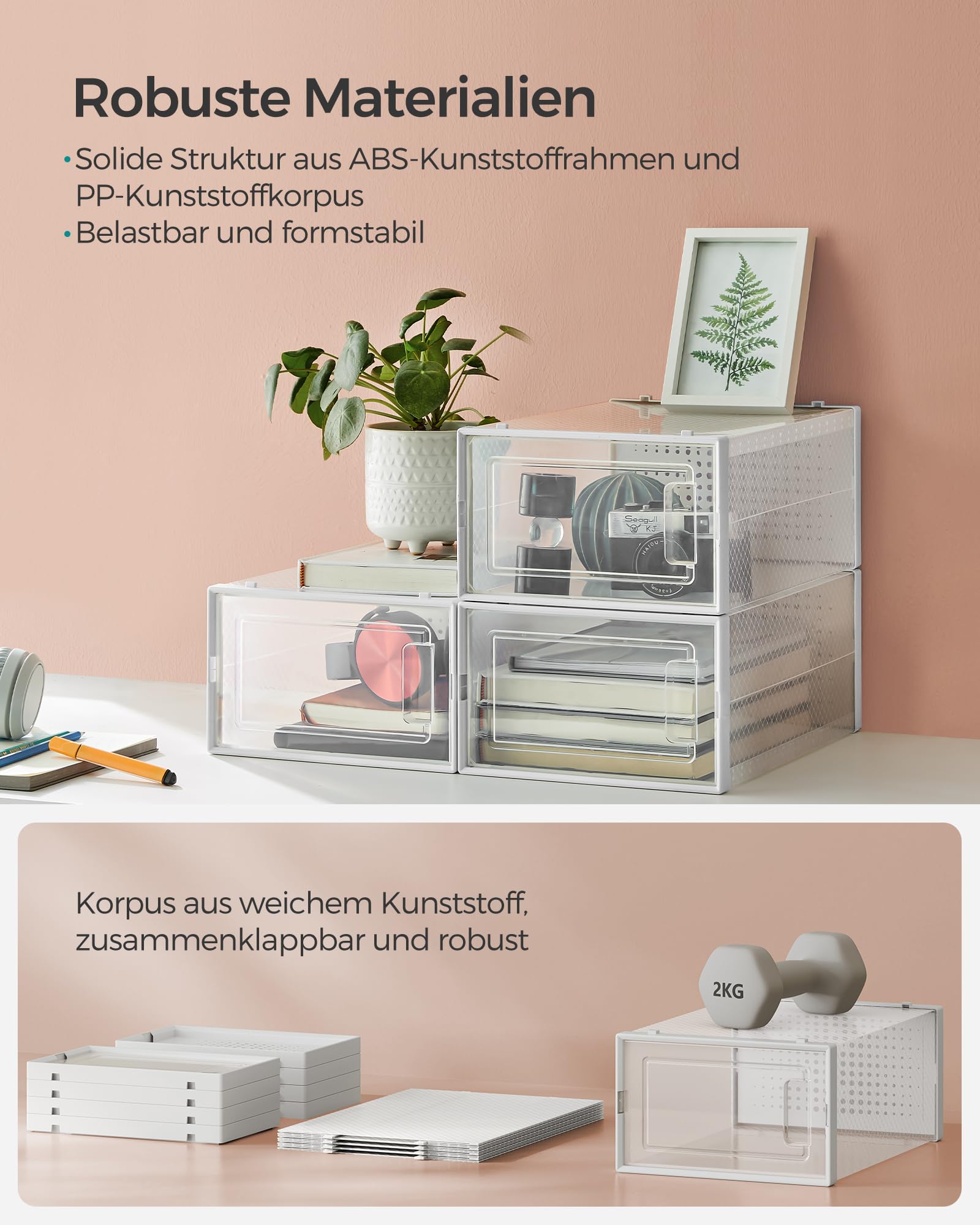 SONGMICS 18er Set Schuhboxen – Faltbare stapelbare transparente Schuh-Organizer aus Kunststoff, für Schuhe bis Größe 44, Weiß