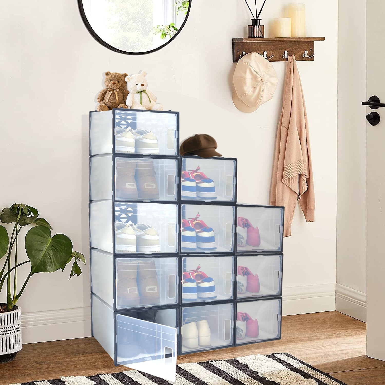 Afeeler 12er Set Schuhboxen – Stapelbare transparente Schuh-Organizer aus Kunststoff mit Tür, für Pumps, Stiefeletten & High Tops, 36x25x19,5cm