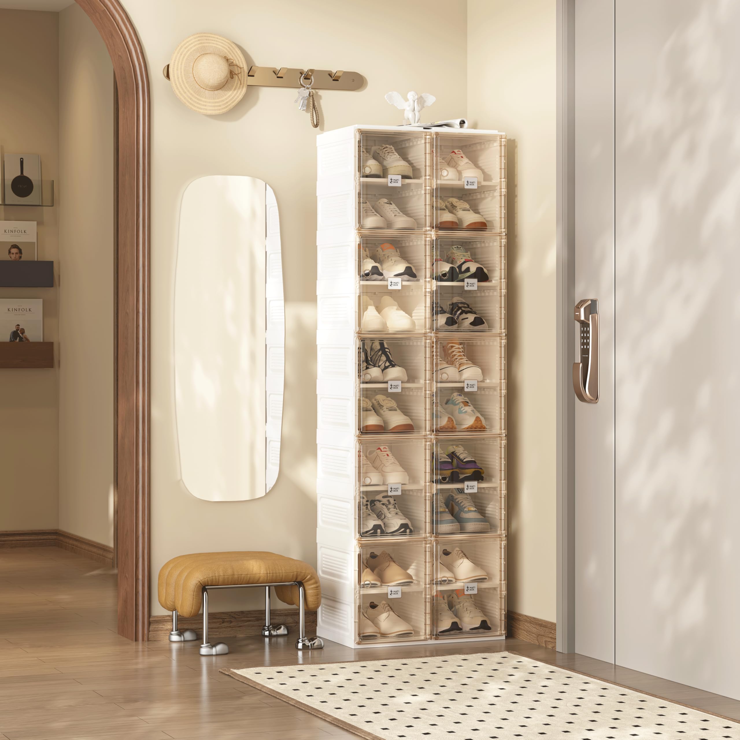 MAYIBOX Transparente schuhregal,schuhboxen stapelbar Braun, mit magnetischer Tür, für Stöckelschuhe, Stiefeletten, Pumps