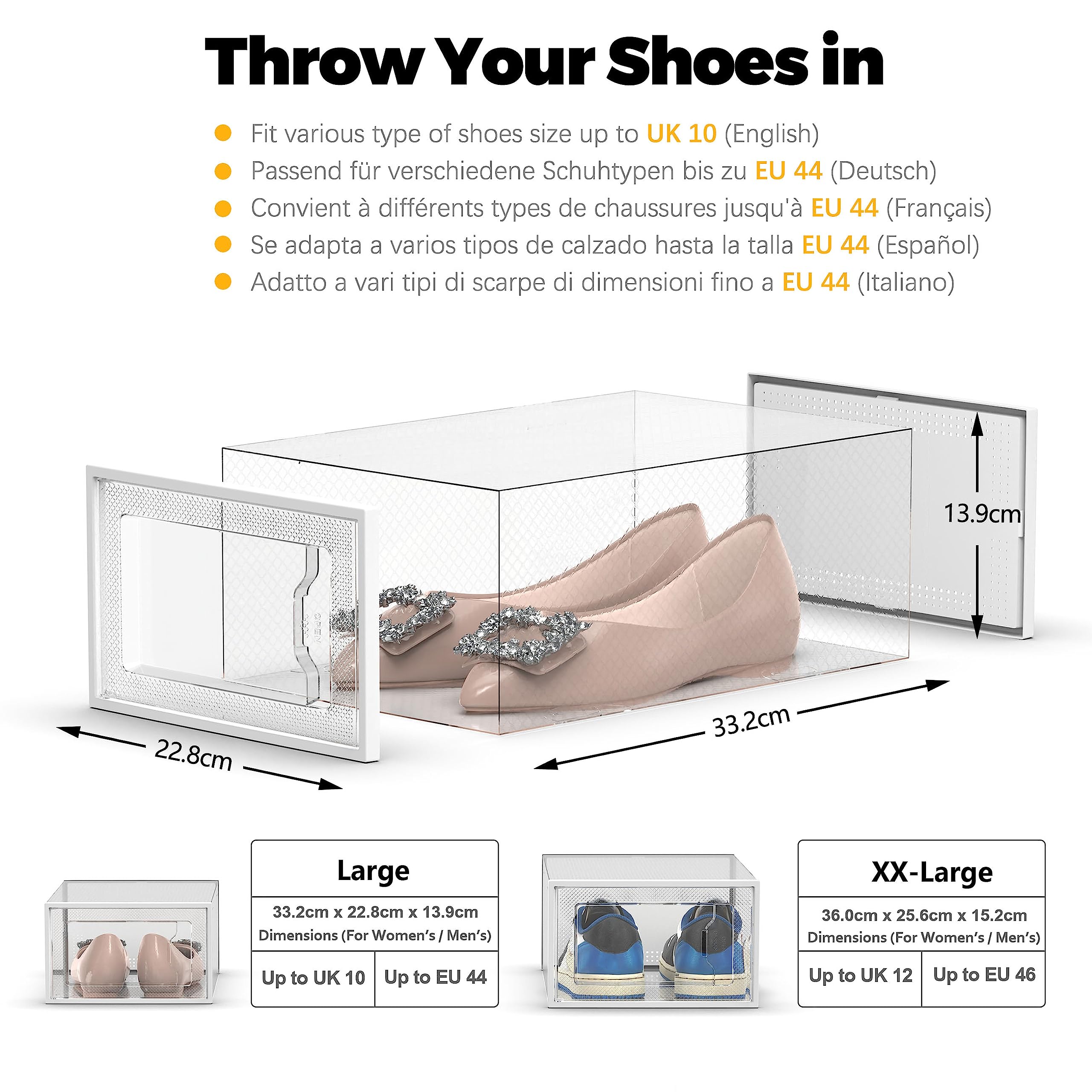 SEE SPRING 12er Set Schuhboxen – Faltbare transparente Organizer aus Kunststoff, stapelbar, für Schuhe bis Größe 44, Weiß