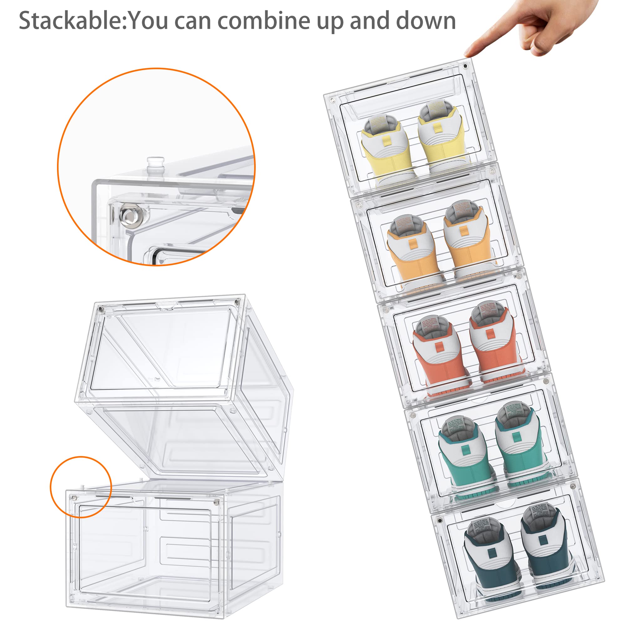 HOMIDEC 6er Set Schuhboxen – Stapelbare transparente Hartplastik Schuhkartons mit Deckel, für Pumps, Stiefeletten & High Tops, bis Größe 46