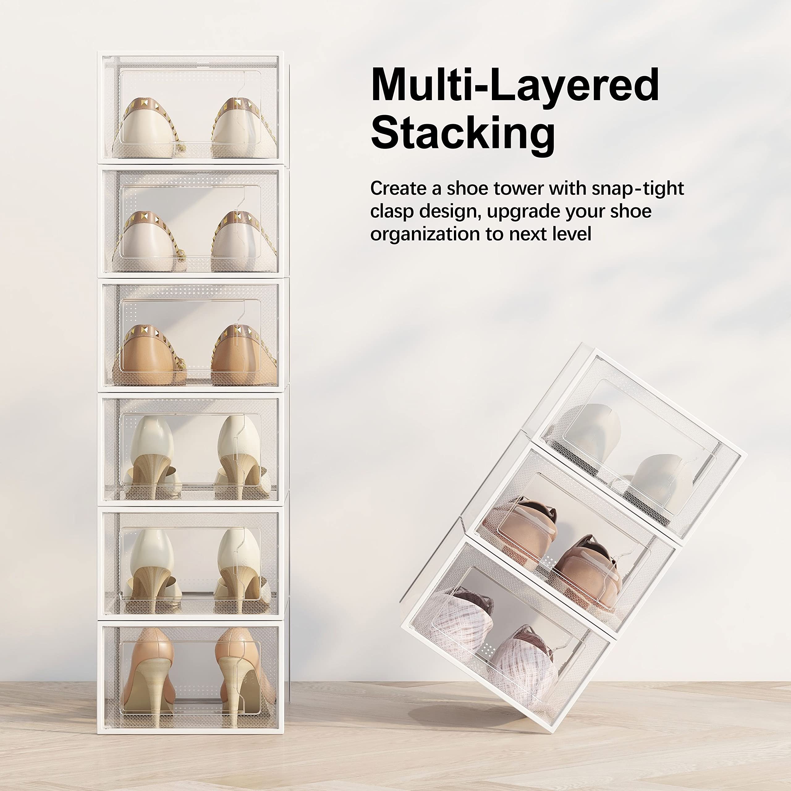 SEE SPRING 12er Set Schuhboxen – Faltbare transparente Organizer aus Kunststoff, stapelbar, für Schuhe bis Größe 44, Weiß
