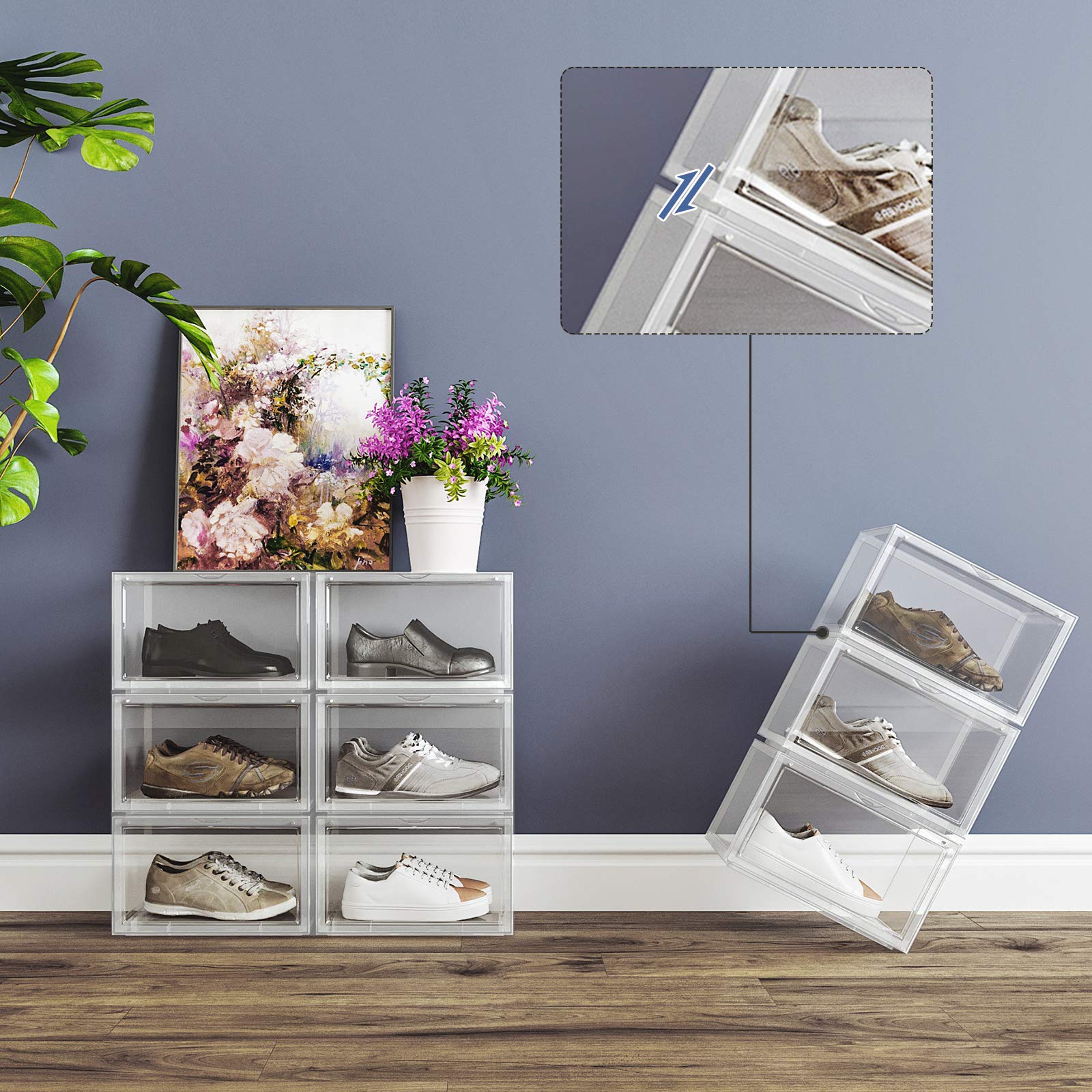 SONGMICS 6er Set Schuhboxen – Stapelbare transparente Schuh-Organizer aus Kunststoff mit Tür, für Schuhe bis Größe 46, 28x36x22cm