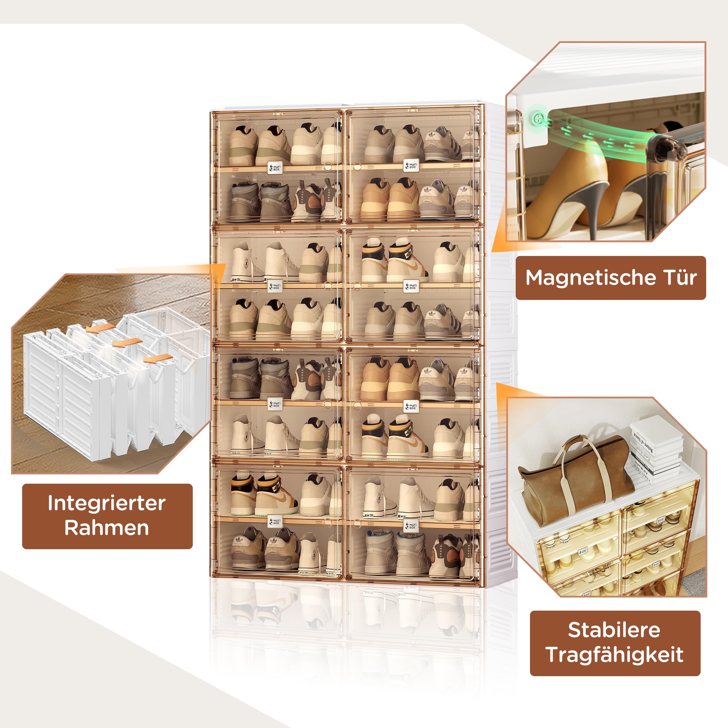 MAYIBOX Schuhbox Schrank – 8er Set stapelbare transparente Aufbewahrungsboxen mit Magnettür, 2 Spalten, 8 Schichten, für 36 Paar