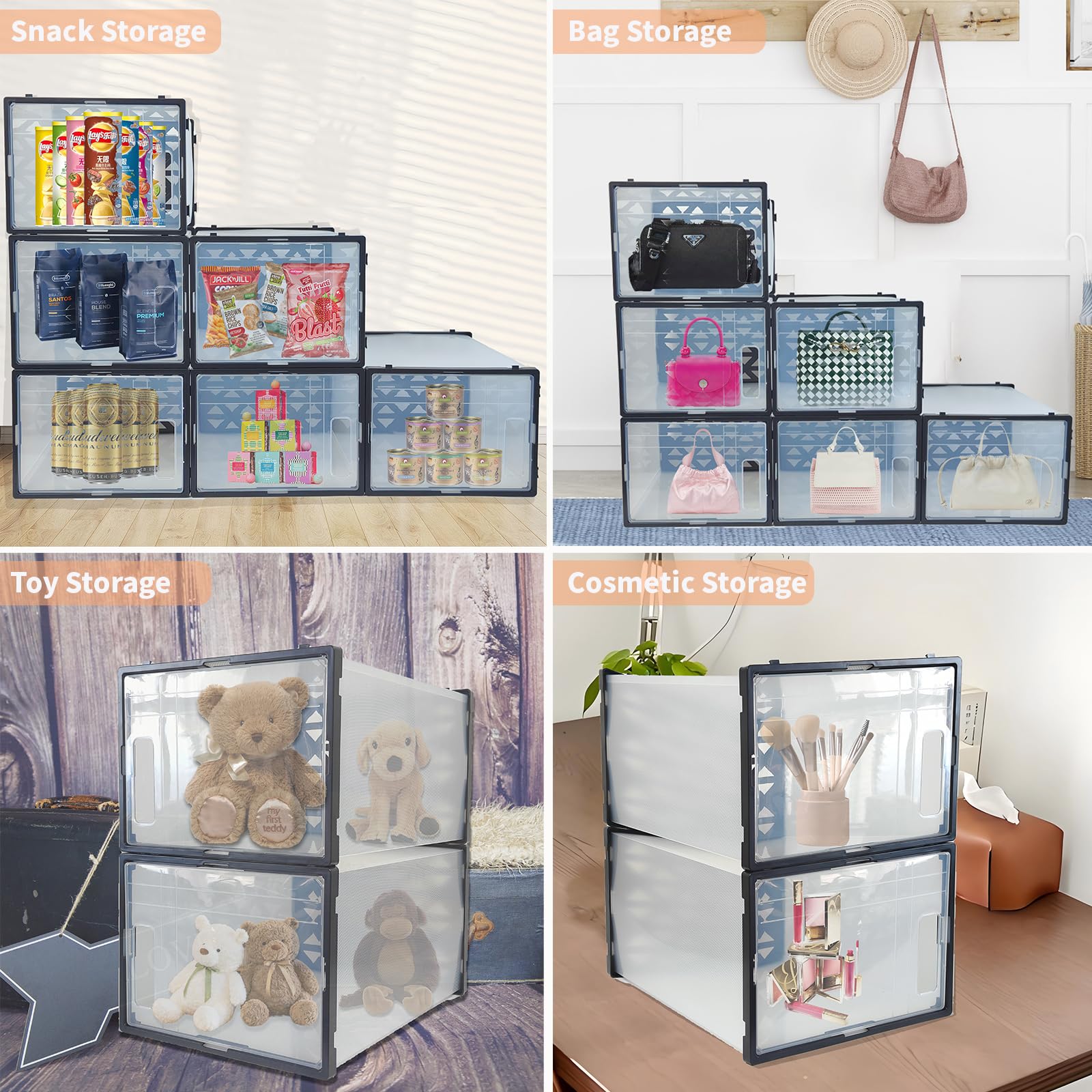 Afeeler 12er Set Schuhboxen – Stapelbare transparente Schuh-Organizer aus Kunststoff mit Tür, für Pumps, Stiefeletten & High Tops, 36x25x19,5cm