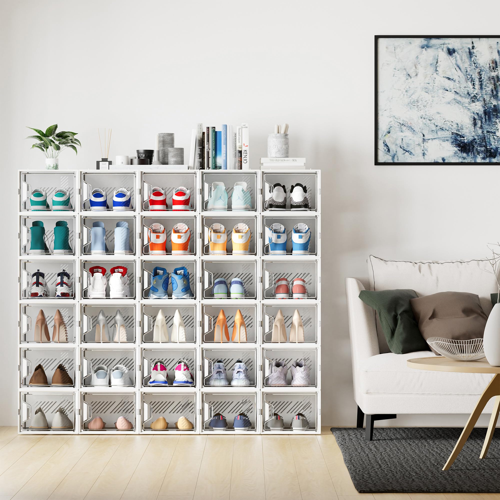 SIMPDIY 12er Set Schuhboxen – Stapelbare transparente Hartplastik Schuhkartons mit Deckel, für Pumps, Stiefeletten & High Tops, bis Größe 46
