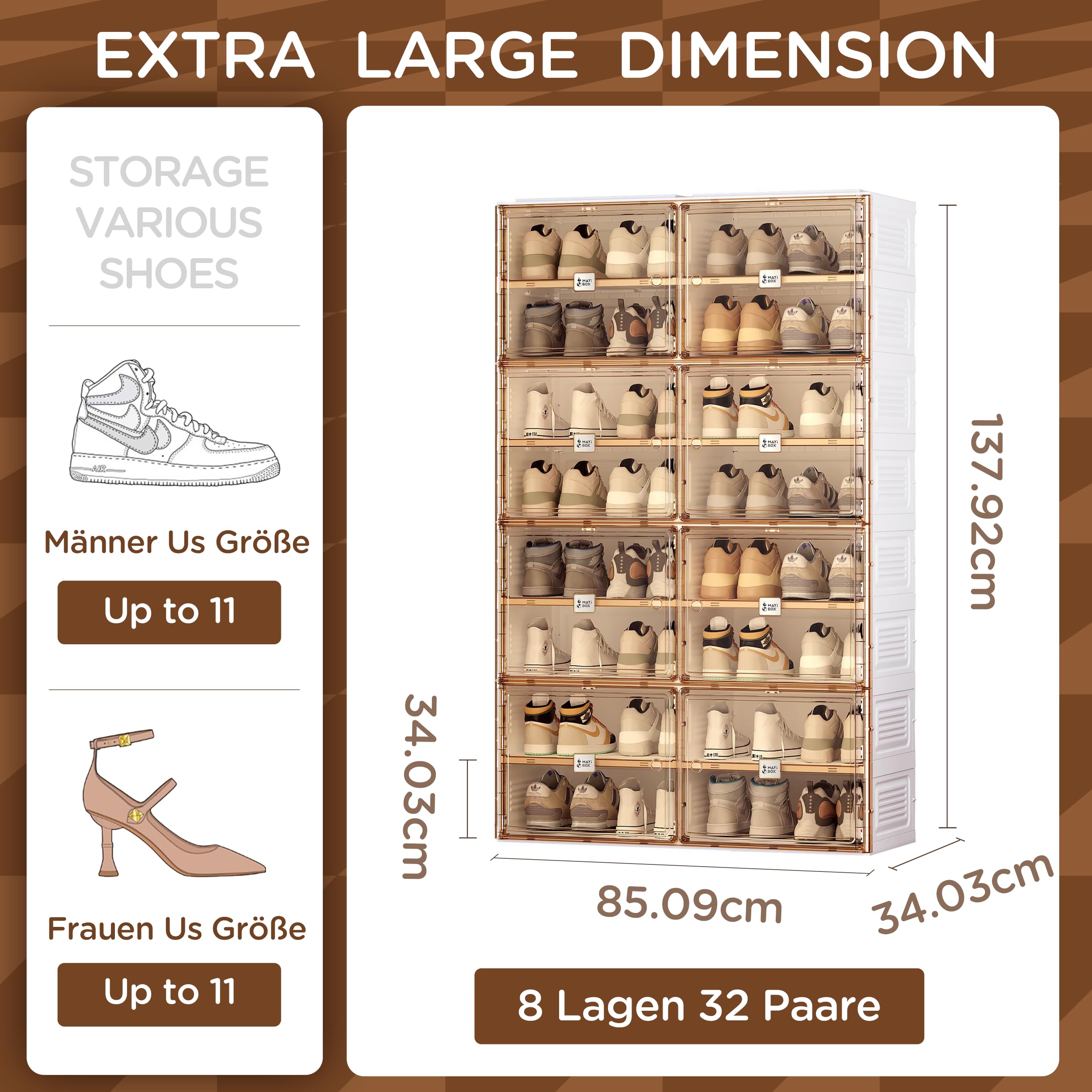 MAYIBOX Schuhbox Schrank – 8er Set stapelbare transparente Aufbewahrungsboxen mit Magnettür, 2 Spalten, 8 Schichten, für 36 Paar