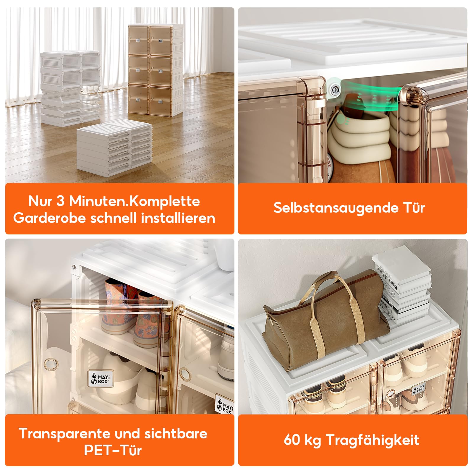 MAYIBOX Transparente schuhregal,schuhboxen stapelbar Braun, mit magnetischer Tür, für Stöckelschuhe, Stiefeletten, Pumps