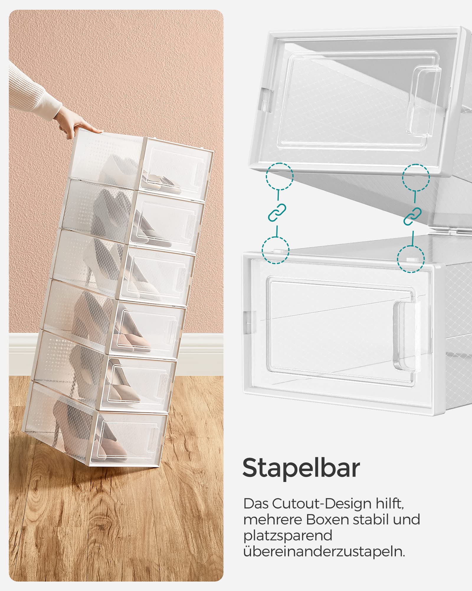 SONGMICS 18er Set Schuhboxen – Faltbare stapelbare transparente Schuh-Organizer aus Kunststoff, für Schuhe bis Größe 44, Weiß