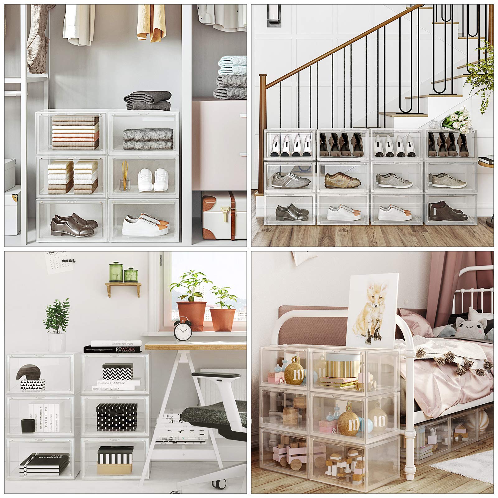 SONGMICS 6er Set Schuhboxen – Stapelbare transparente Schuh-Organizer aus Kunststoff mit Tür, für Schuhe bis Größe 46, 28x36x22cm