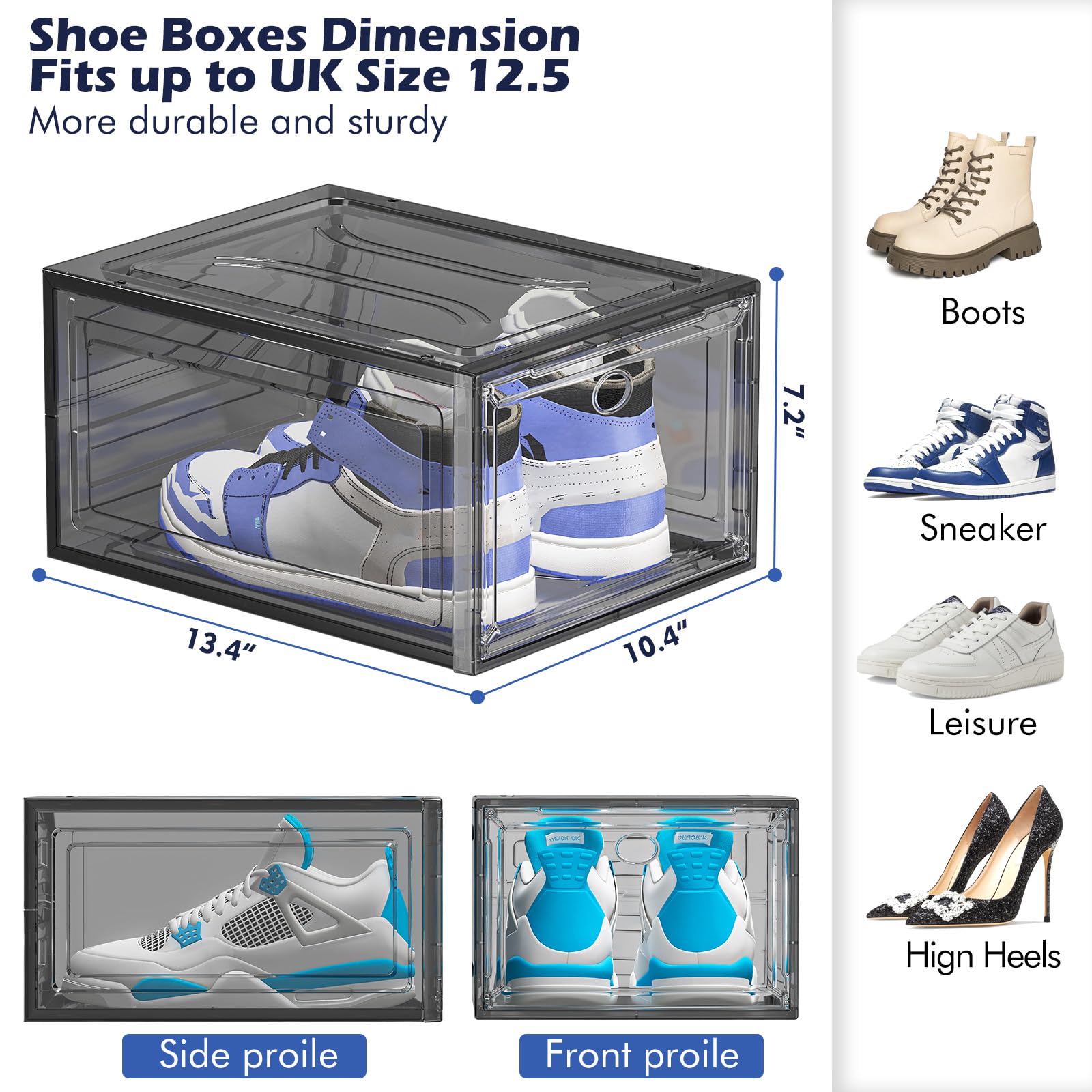 TidyTrove 6er Set Schuhboxen – Stapelbare faltbare transparente Organizer mit Magnettür, für Schuhe bis Größe 46, Schwarz