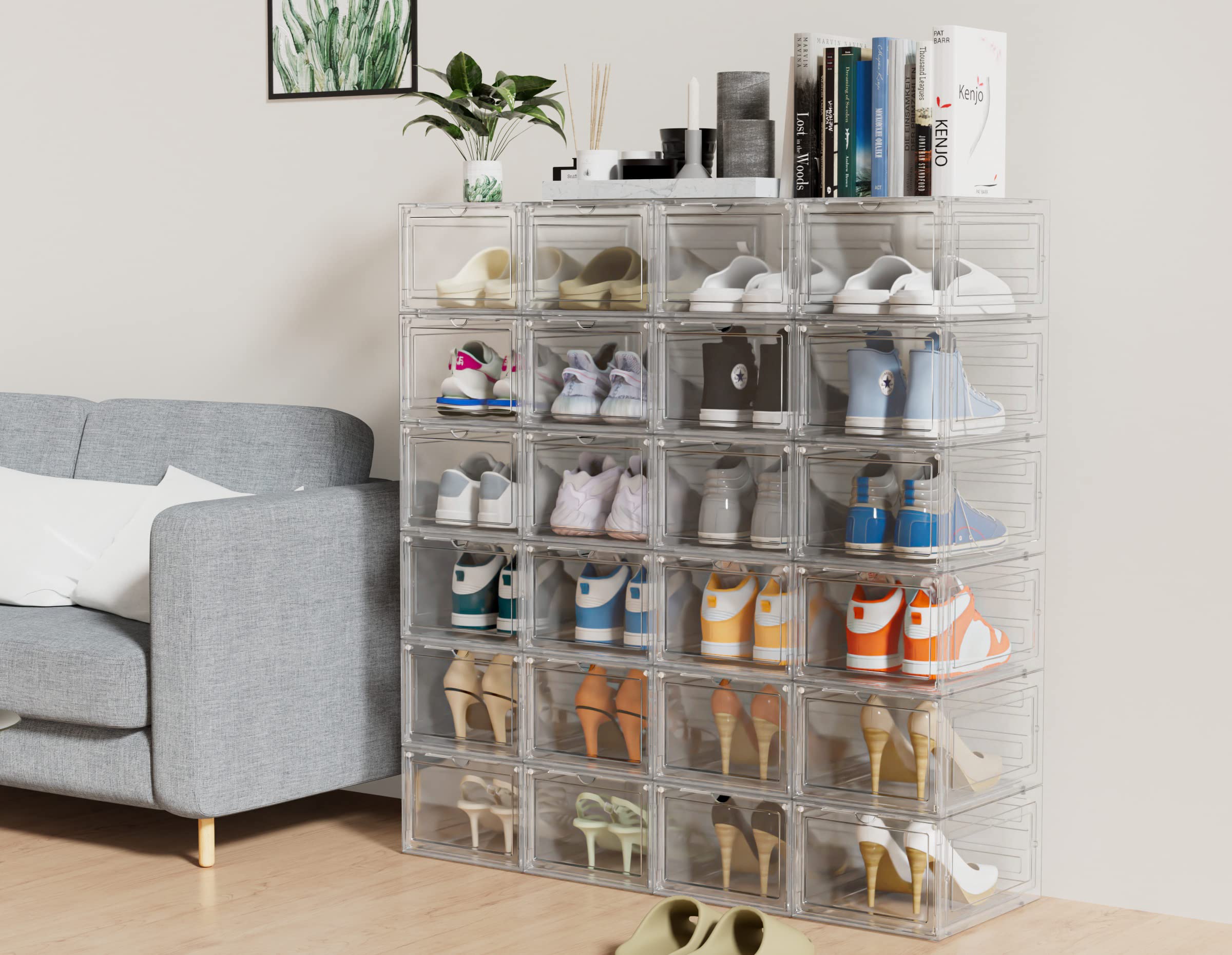 HOMIDEC 6er Set Schuhboxen – Stapelbare transparente Hartplastik Schuhkartons mit Deckel, für Pumps, Stiefeletten & High Tops, bis Größe 46