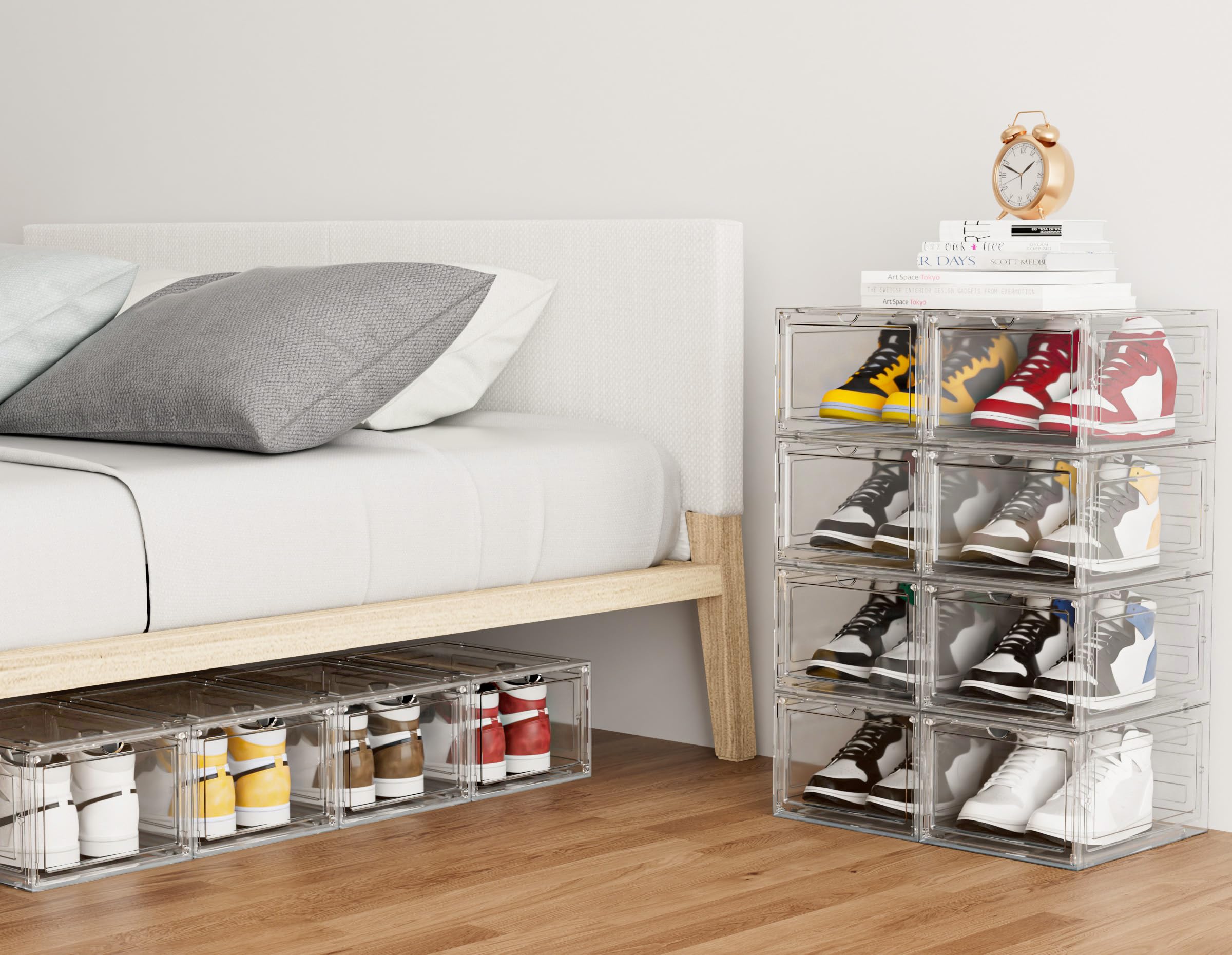 HOMIDEC 6er Set Schuhboxen – Stapelbare transparente Hartplastik Schuhkartons mit Deckel, für Pumps, Stiefeletten & High Tops, bis Größe 46