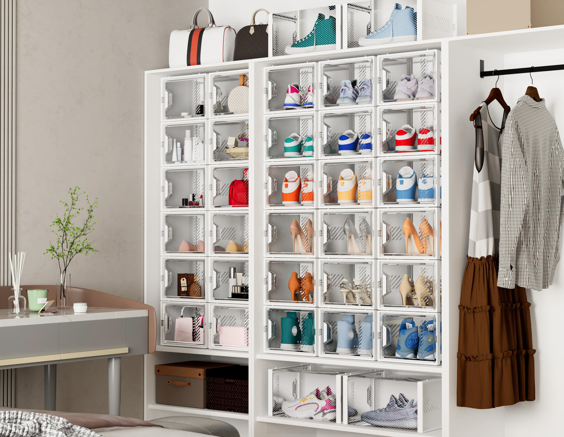 SIMPDIY 12er Set Schuhboxen – Stapelbare transparente Hartplastik Schuhkartons mit Deckel, für Pumps, Stiefeletten & High Tops, bis Größe 46
