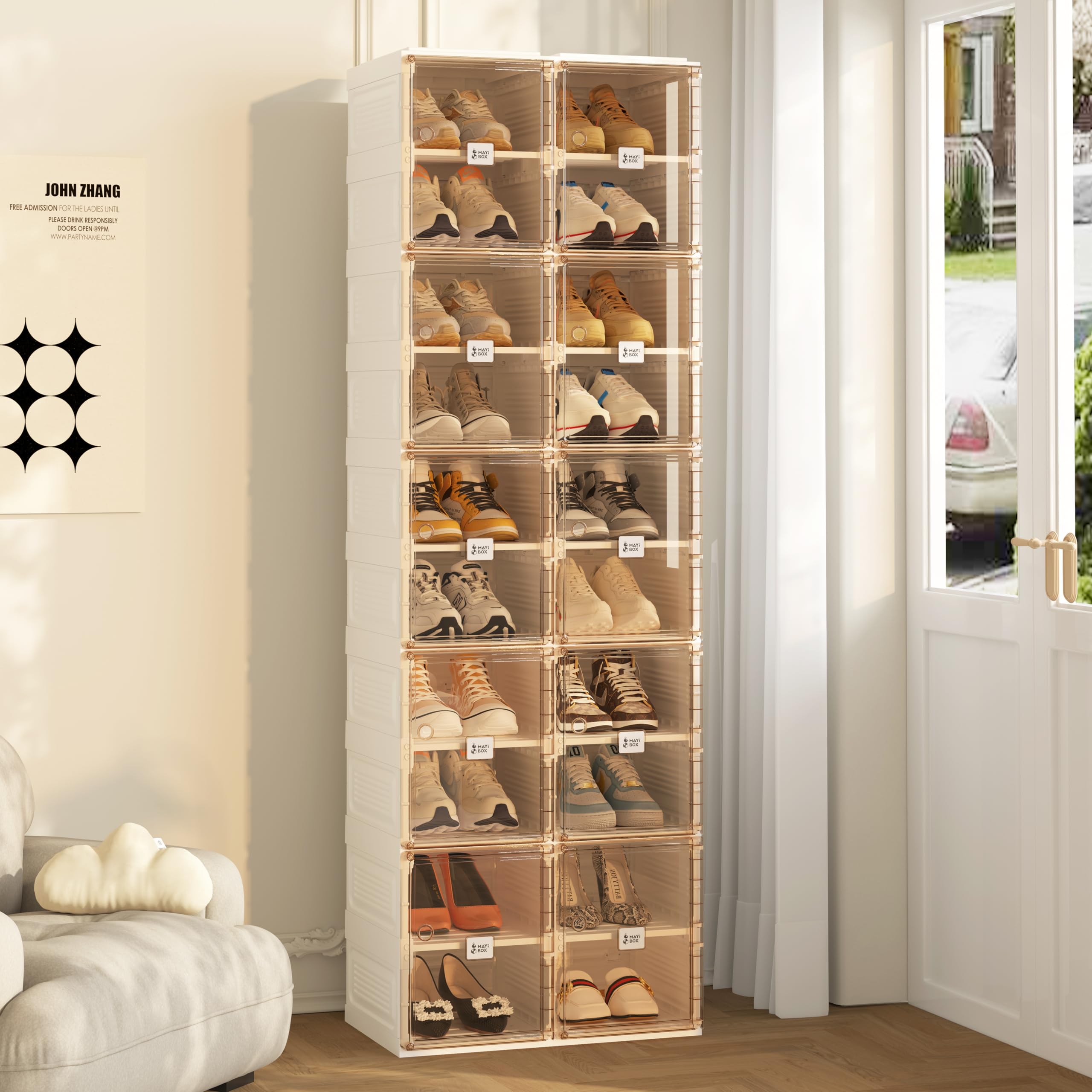 MAYIBOX Transparente schuhregal,schuhboxen stapelbar Braun, mit magnetischer Tür, für Stöckelschuhe, Stiefeletten, Pumps